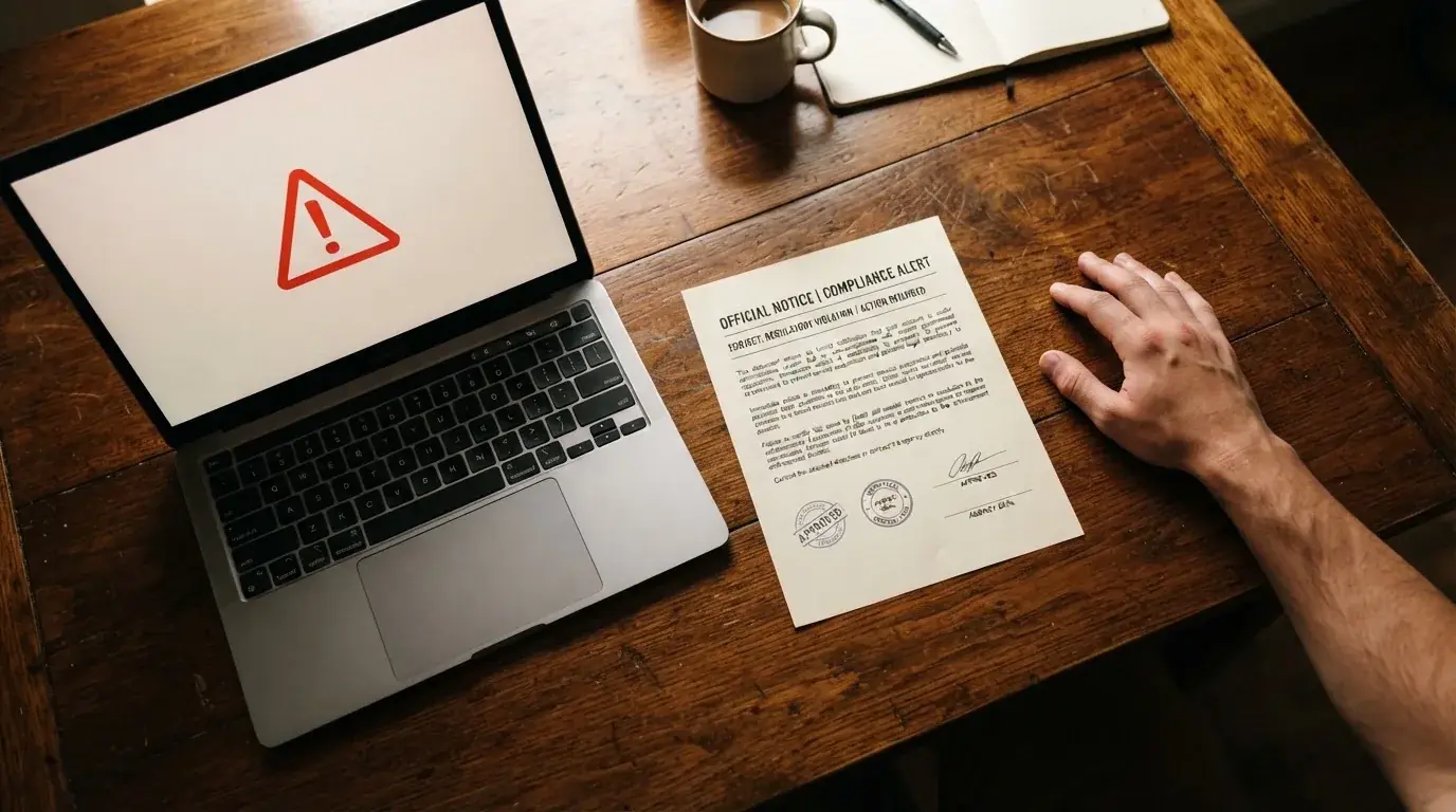 A printed government warning notice on a desk beside a laptop with a red alert icon on the screen.