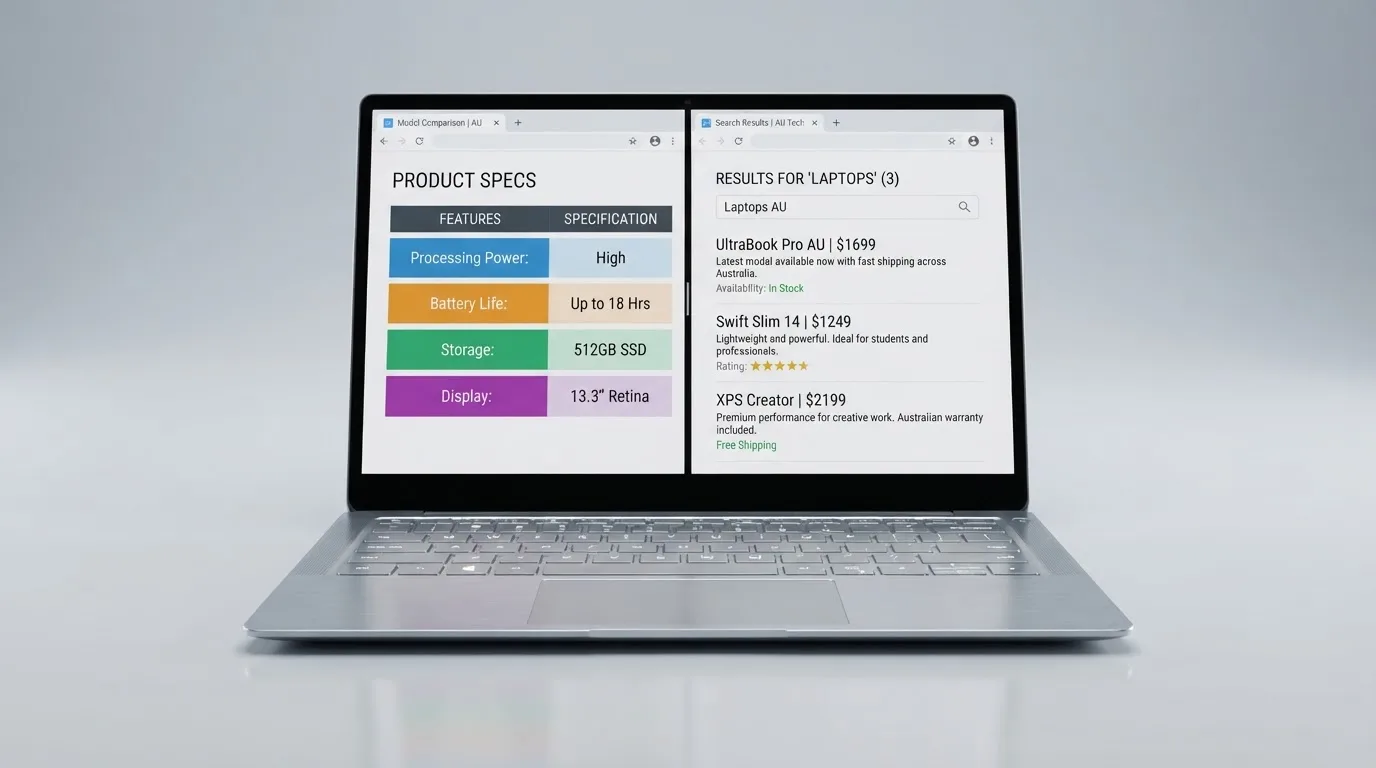 A laptop screen split between two browser tabs, one showing a comparison table and the other a search results page.