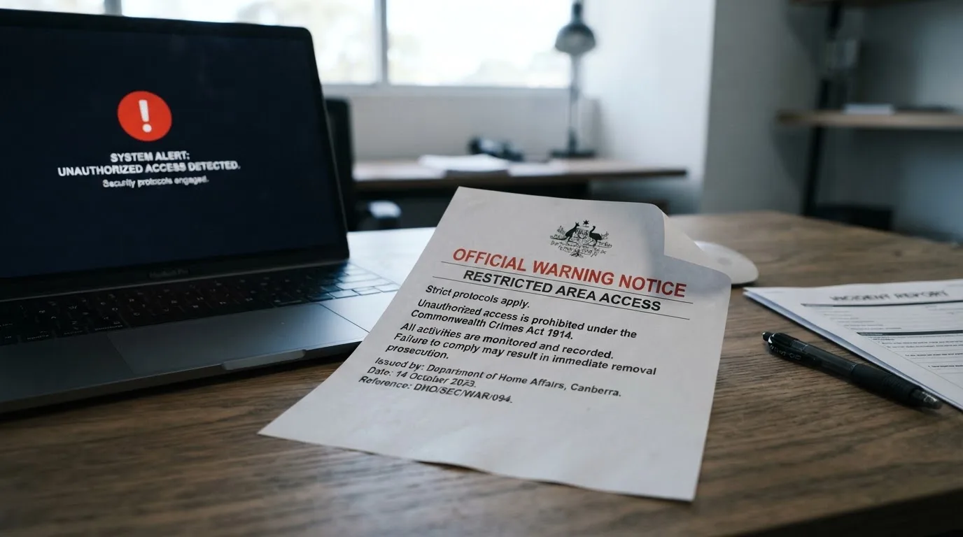 A printed government warning notice on a desk beside a laptop with a red alert icon on the screen.