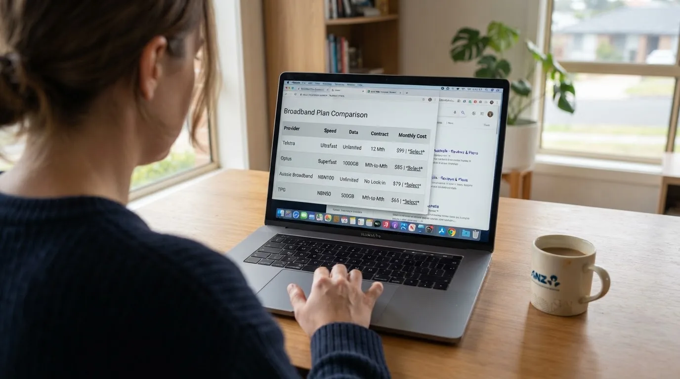 A laptop screen split between two browser tabs, one showing a comparison table and the other a search results page.