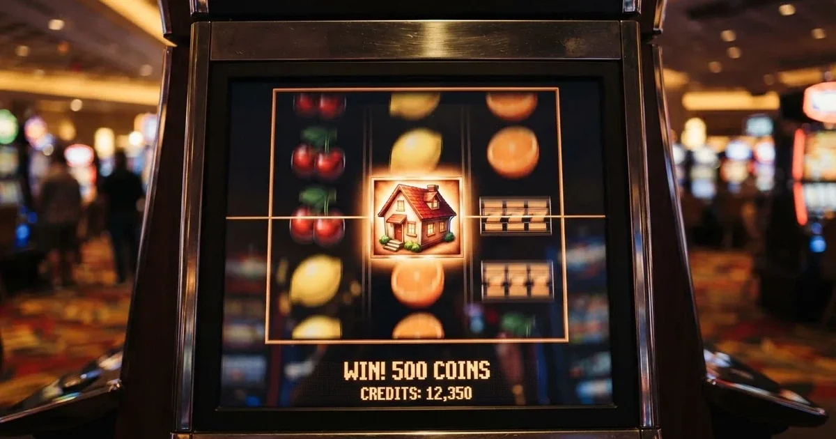A close-up of a slot reel icon with a house-shaped motif on a screen.
