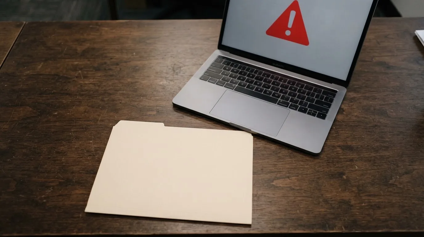 A printed government warning notice on a desk beside a laptop with a red alert icon on the screen.