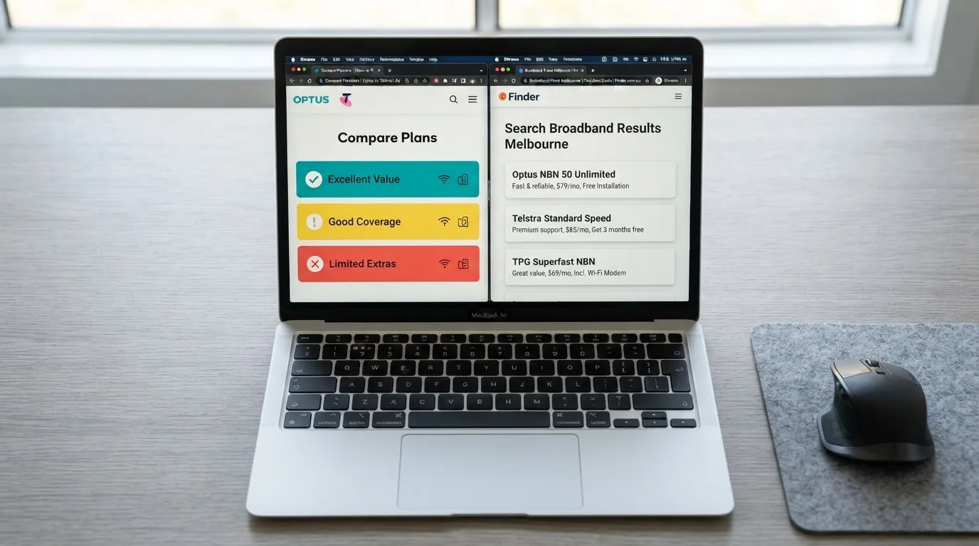 A laptop screen split between two browser tabs, one showing a comparison table and the other a search results page.
