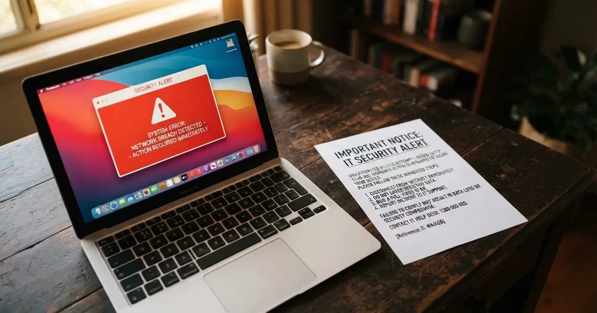 A printed government warning notice on a desk beside a laptop with a red alert icon on the screen.
