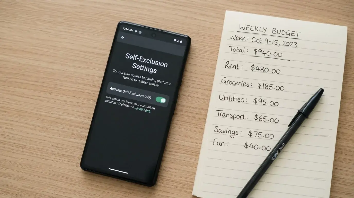 A phone showing a self-exclusion settings screen next to a notepad with a weekly budget written on it.