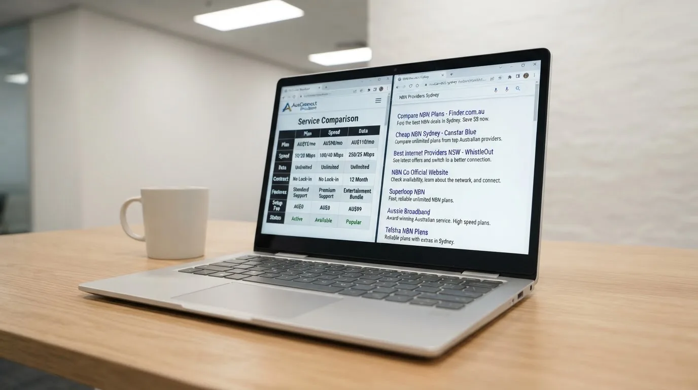 A laptop screen split between two browser tabs, one showing a comparison table and the other a search results page.