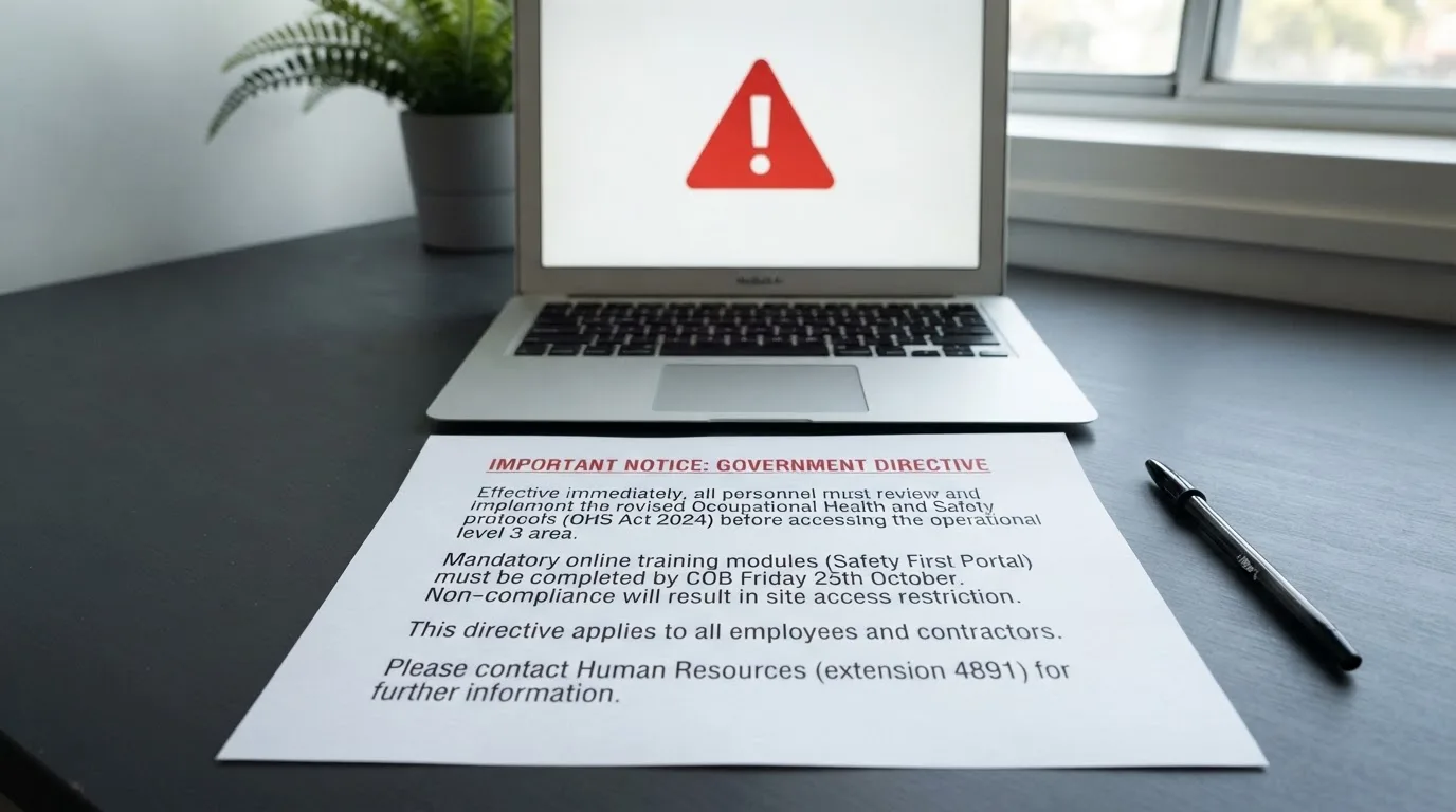 A printed government warning notice on a desk beside a laptop with a red alert icon on the screen.
