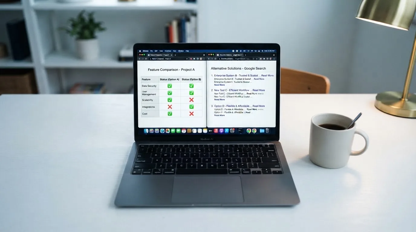 A laptop screen split between two browser tabs, one showing a comparison table and the other a search results page.