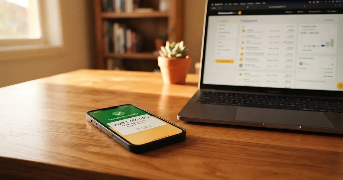 A phone showing a PayID-style bank transfer confirmation next to a laptop.