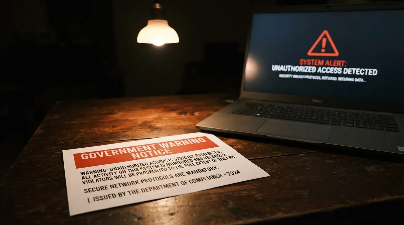 A printed government warning notice on a desk beside a laptop with a red alert icon on the screen.