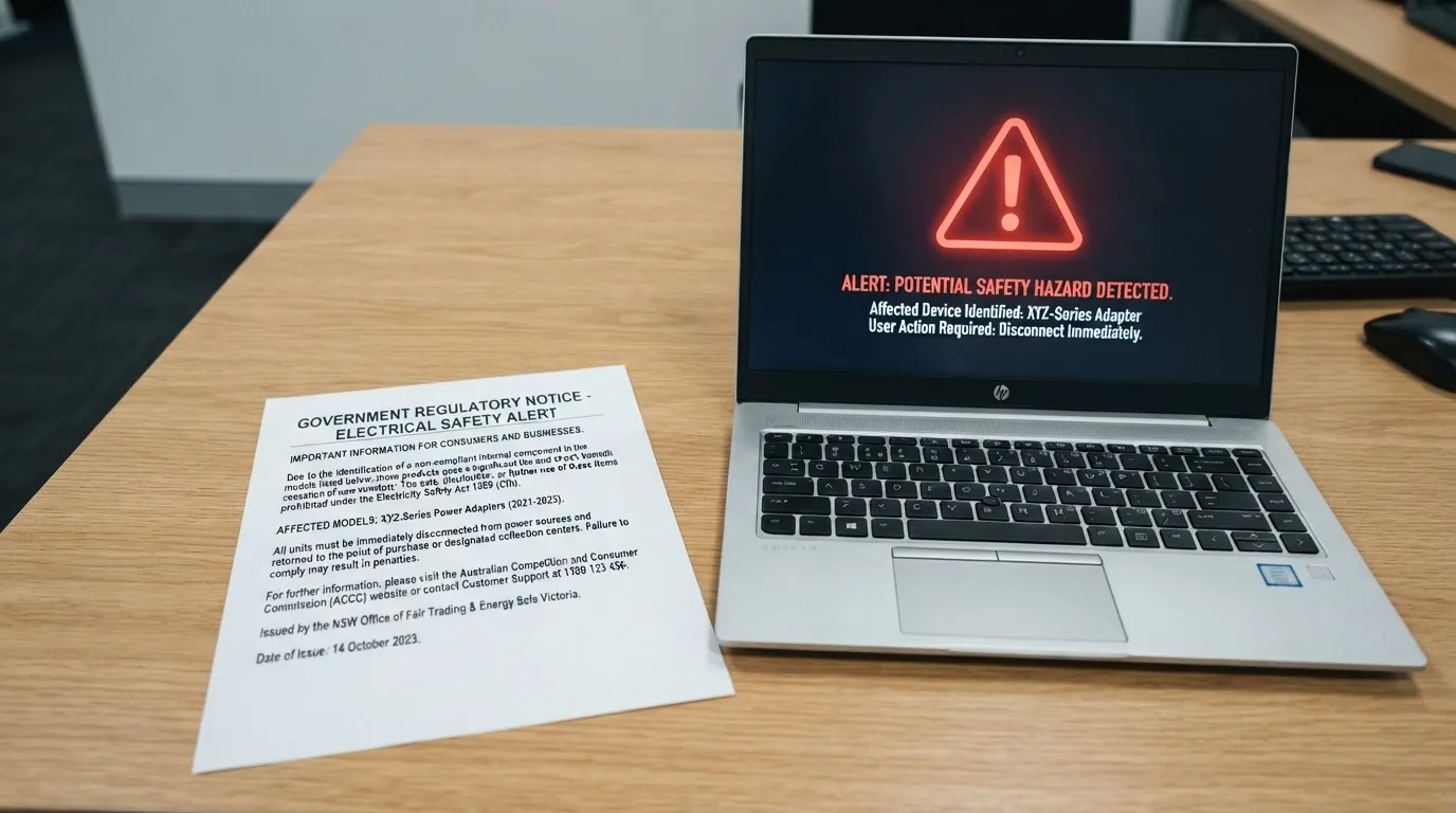 A printed government warning notice on a desk beside a laptop with a red alert icon on the screen.