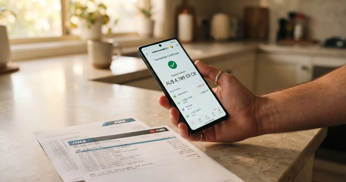 A hand holding a phone showing a cleared balance next to a stack of printed bank statements.
