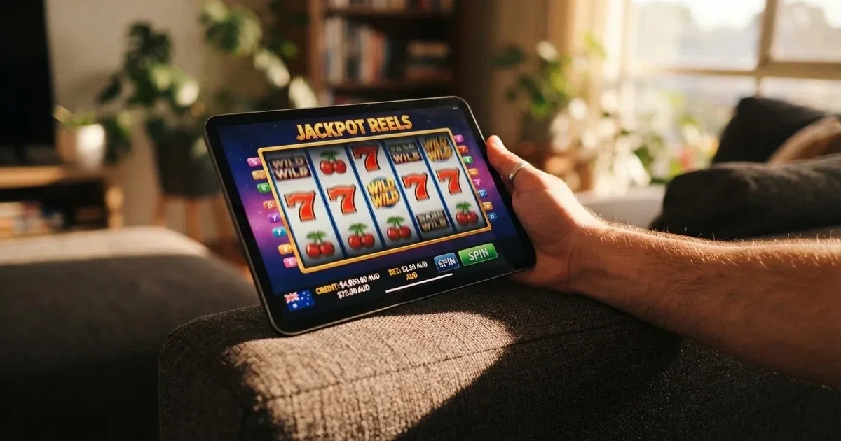 A hand holding a tablet with a touchscreen keypad displayed, resting on a couch armrest.
