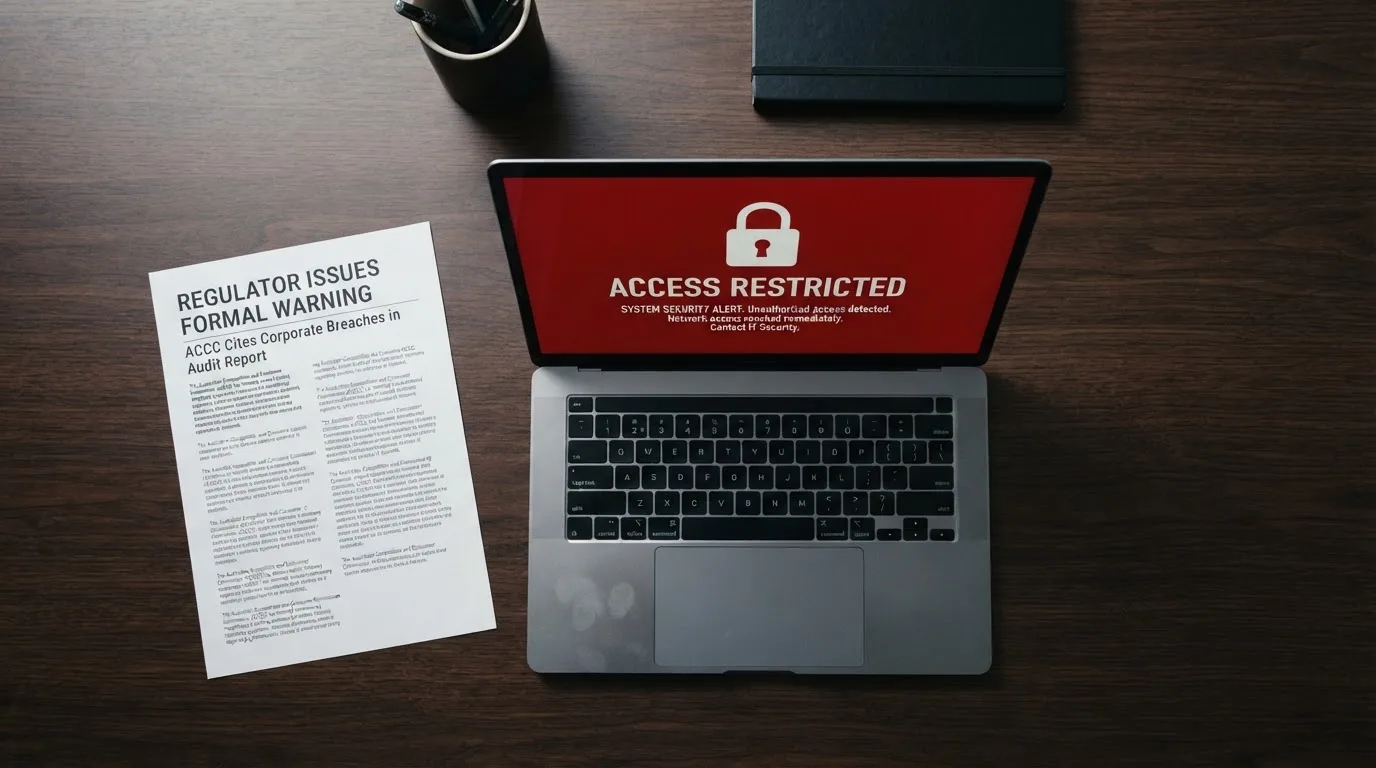 A printed government warning notice on a desk beside a laptop with a red alert icon on the screen.