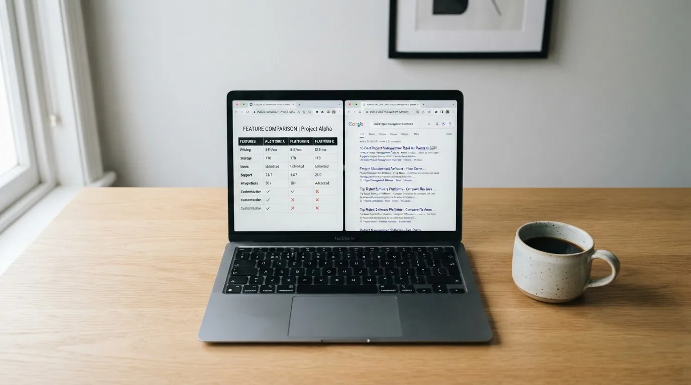 A laptop screen split between two browser tabs, one showing a comparison table and the other a search results page.