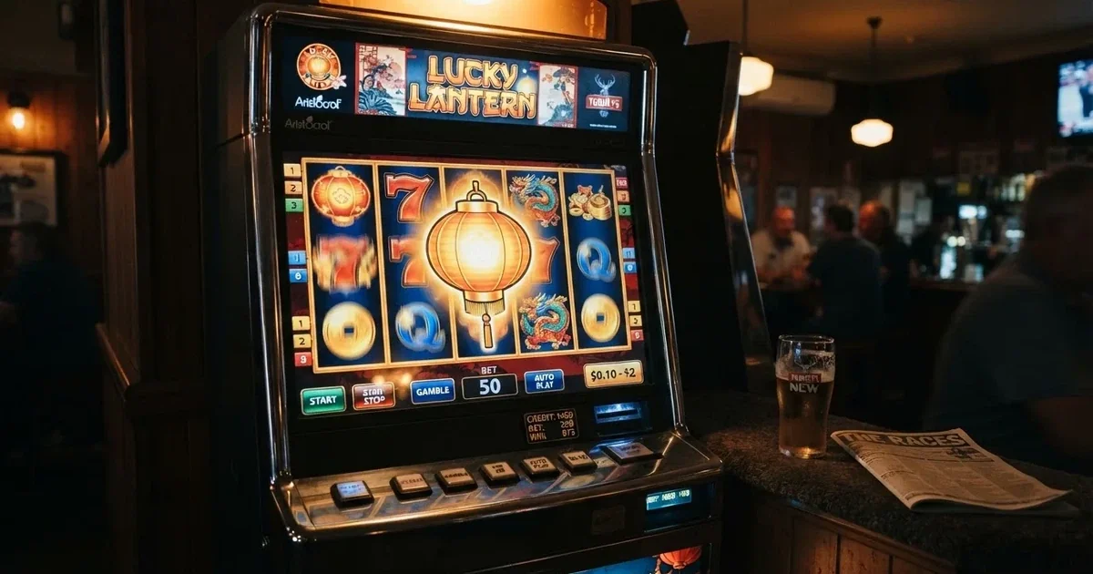 A close-up of a slot reel icon showing a stylised lantern motif on a cabinet screen.