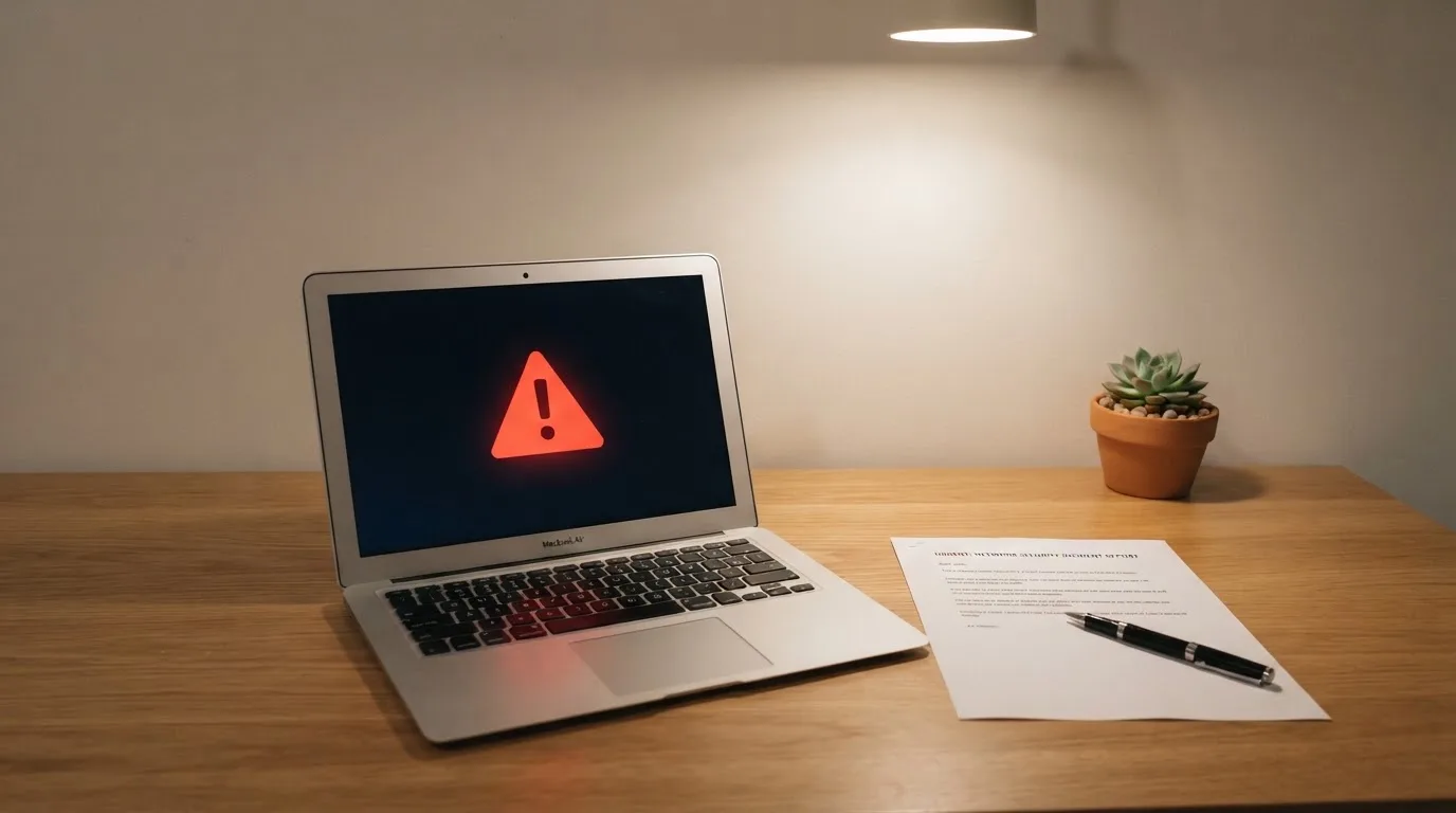 A printed government warning notice on a desk beside a laptop with a red alert icon on the screen.