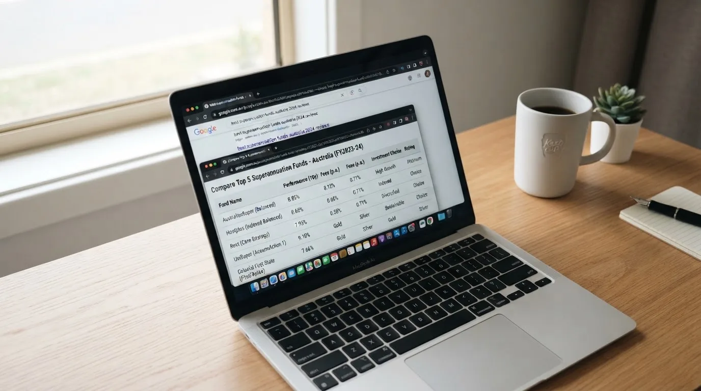 A laptop screen split between two browser tabs, one showing a comparison table and the other a search results page.