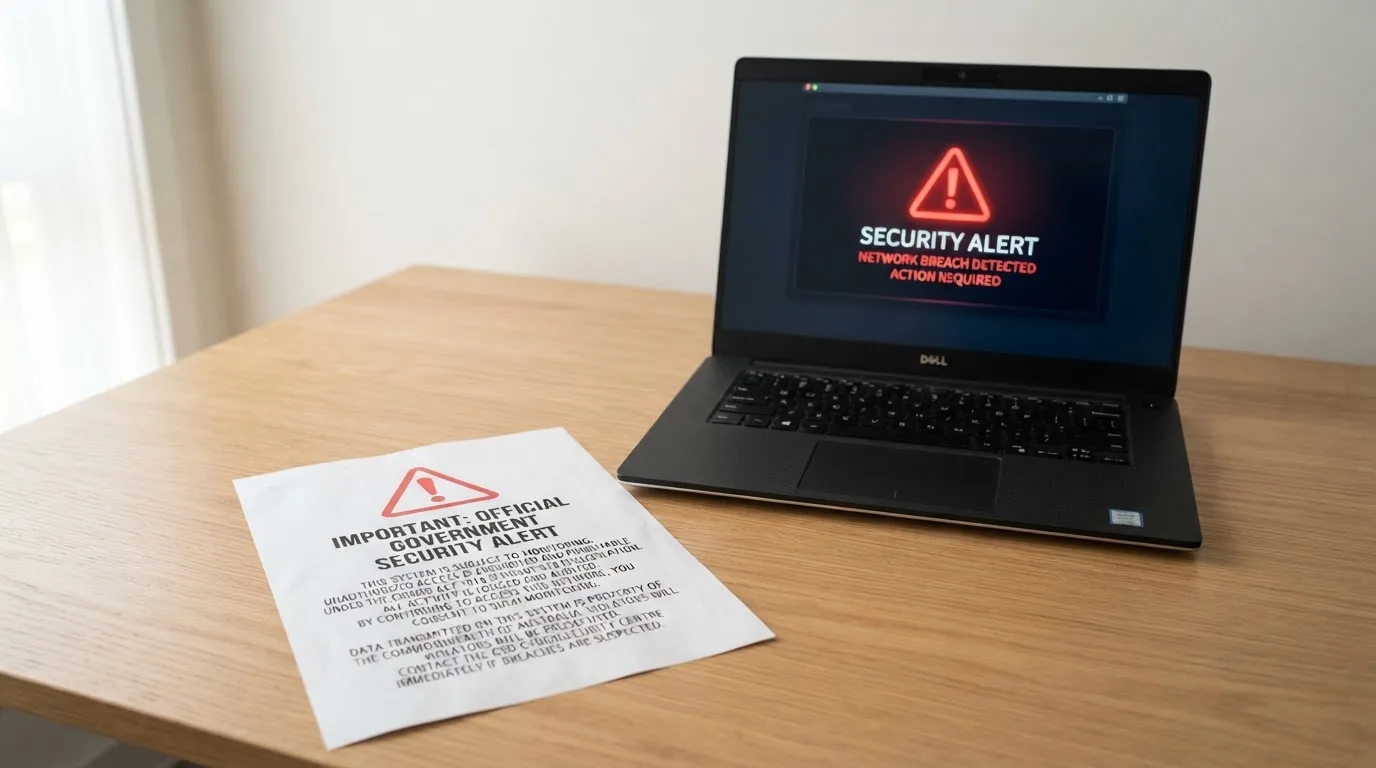 A printed government warning notice on a desk beside a laptop with a red alert icon on the screen.