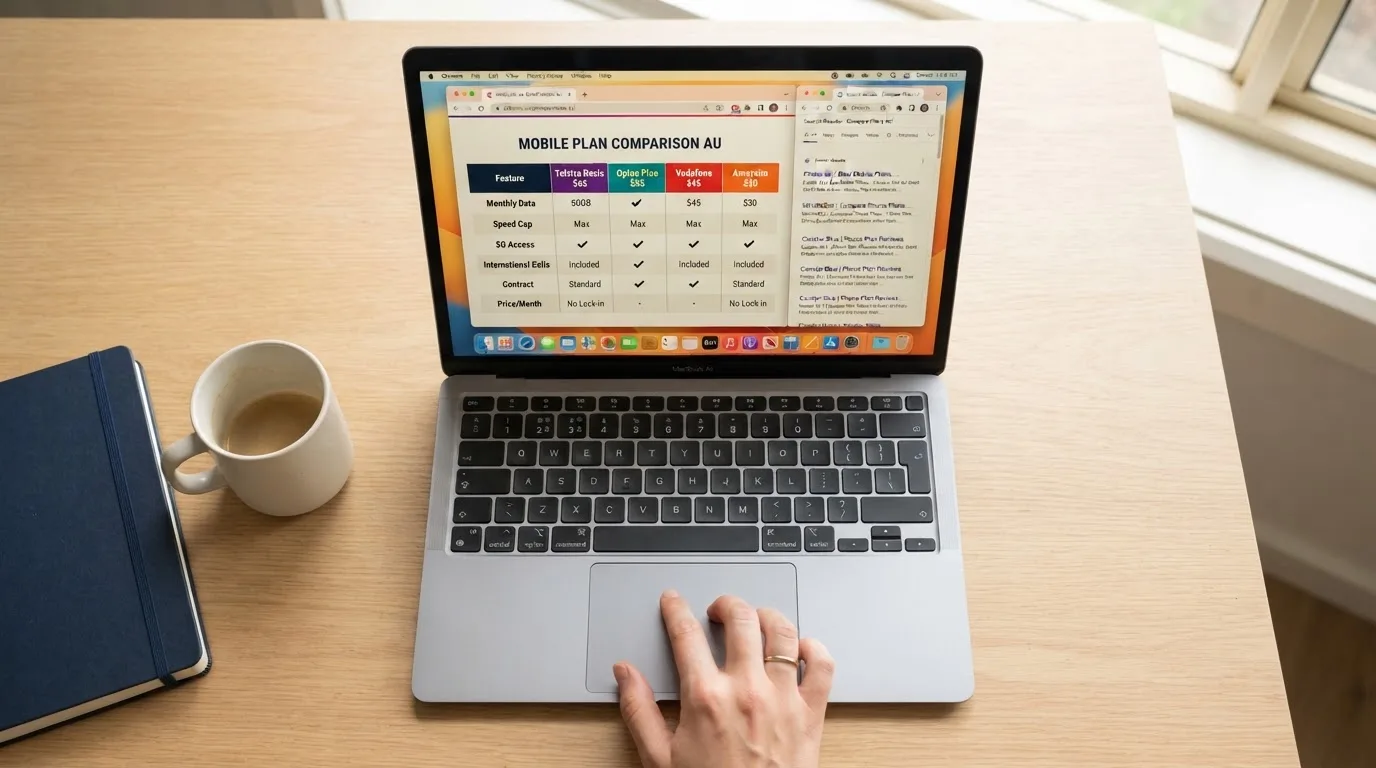 A laptop screen split between two browser tabs, one showing a comparison table and the other a search results page.