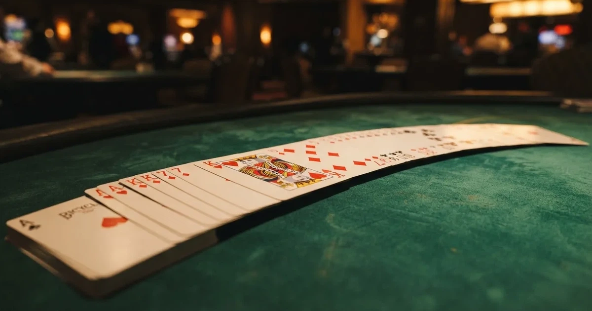 A close-up of a shuffled deck of playing cards fanned out on a green felt table.