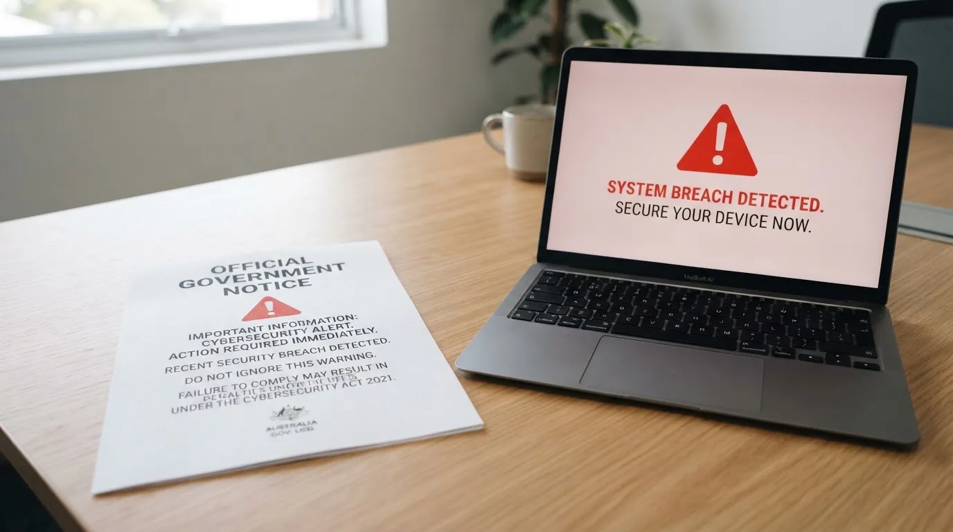 A printed government warning notice on a desk beside a laptop with a red alert icon on the screen.