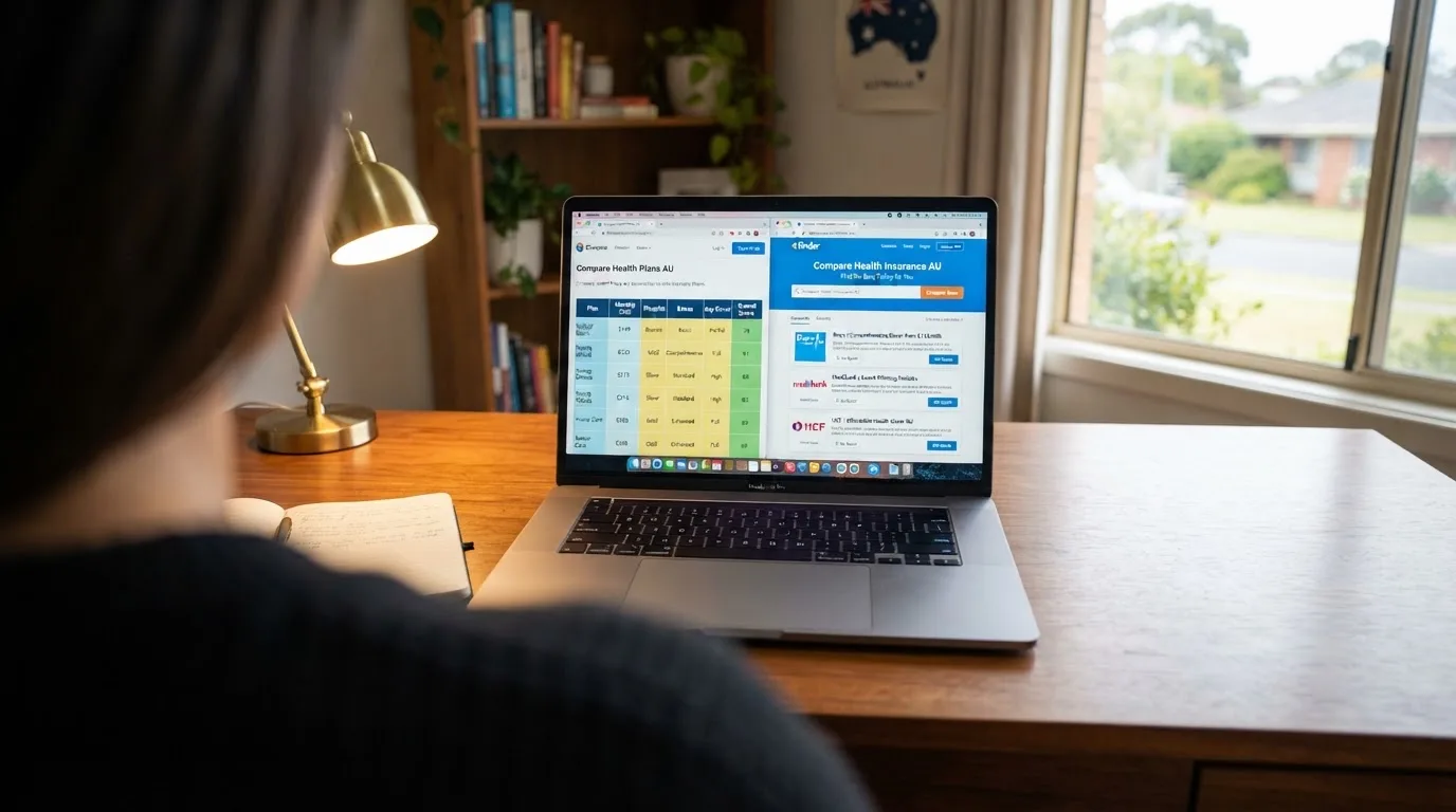 A laptop screen split between two browser tabs, one showing a comparison table and the other a search results page.