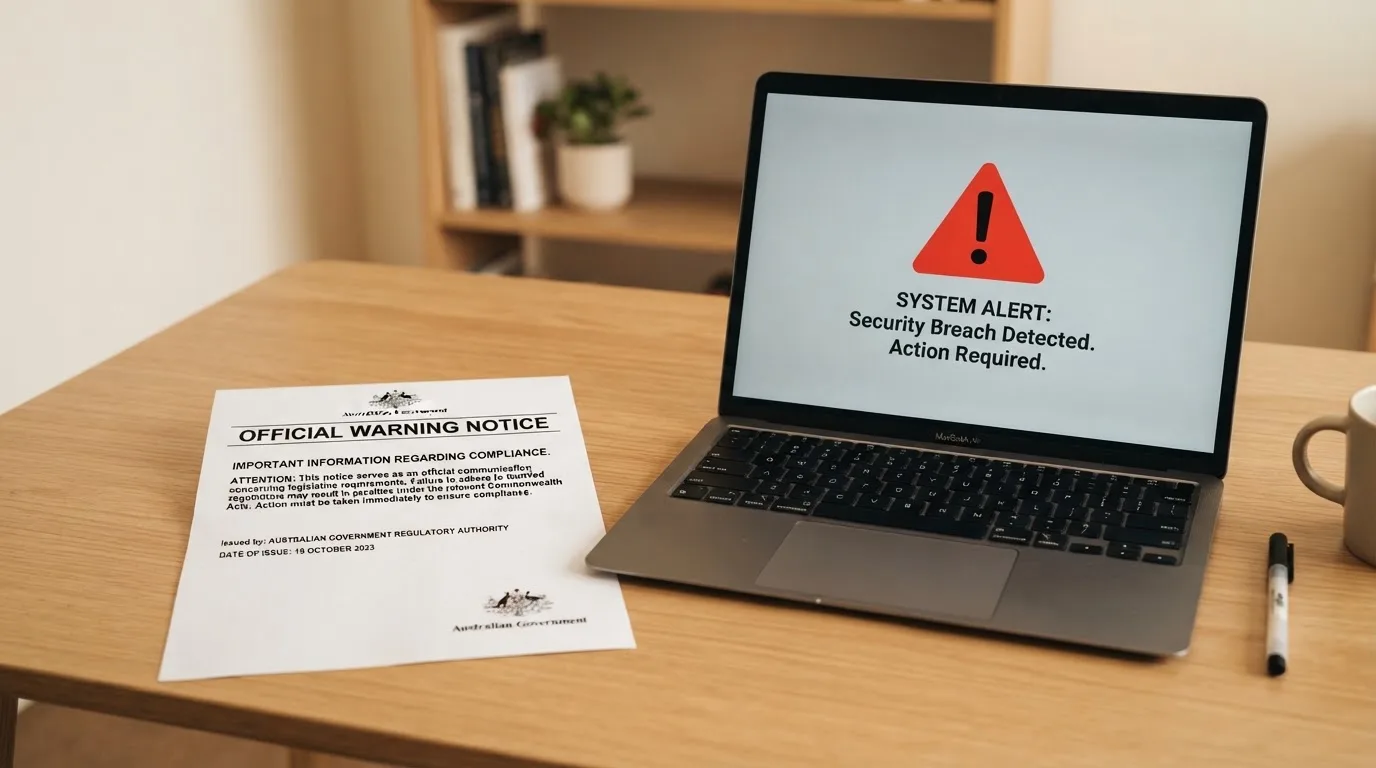 A printed government warning notice on a desk beside a laptop with a red alert icon on the screen.