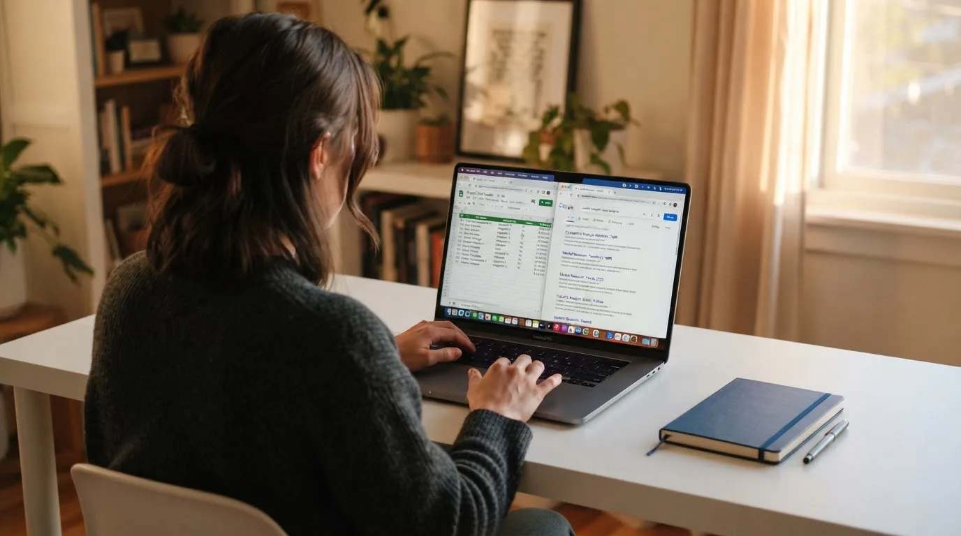A laptop screen split between two browser tabs, one showing a comparison table and the other a search results page.