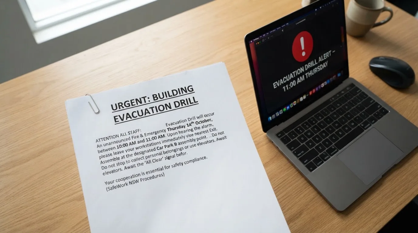 A printed government warning notice on a desk beside a laptop with a red alert icon on the screen.