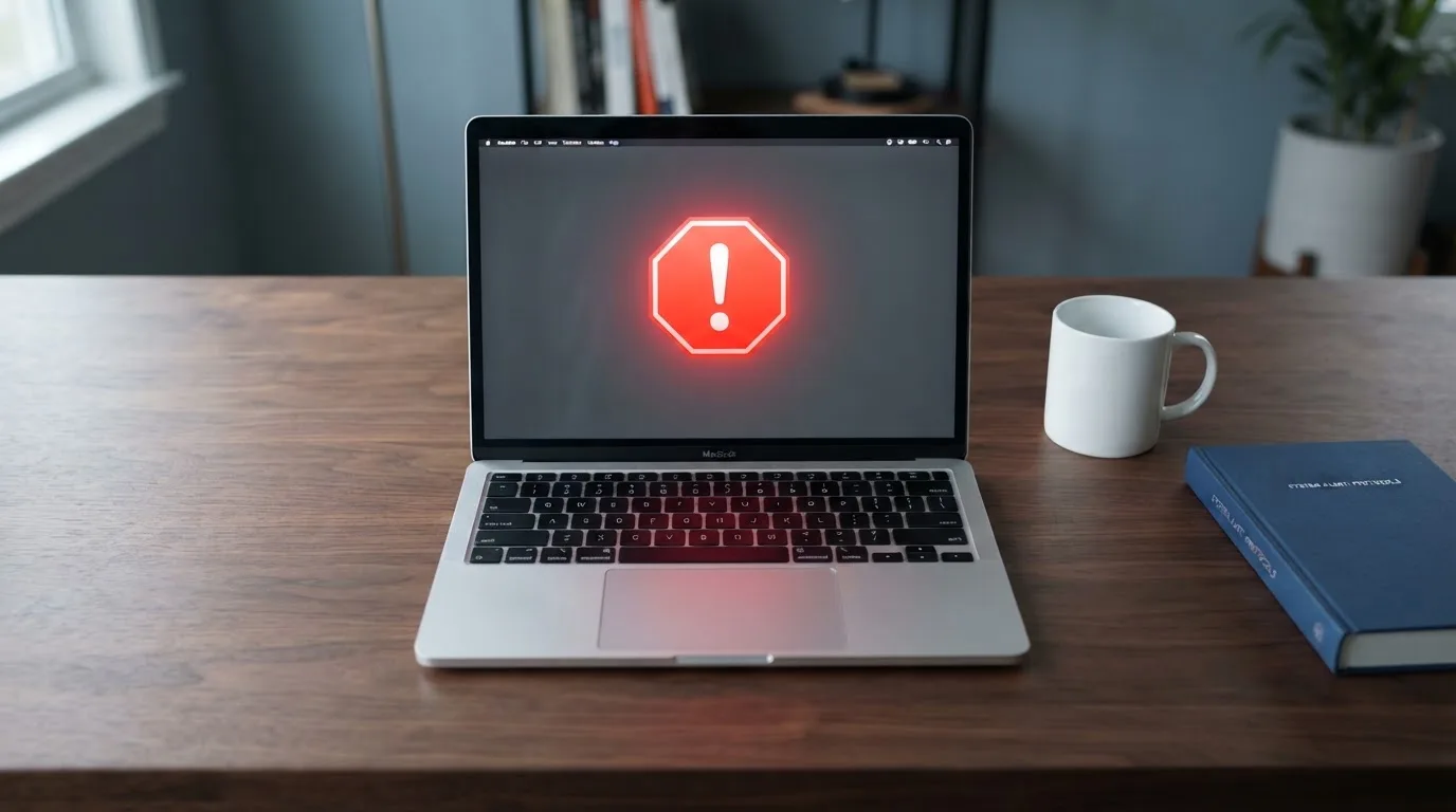 A printed government warning notice on a desk beside a laptop with a red alert icon on the screen.