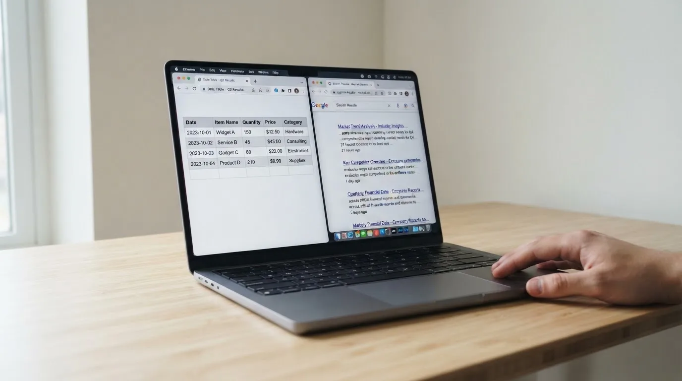 A laptop screen split between two browser tabs, one showing a comparison table and the other a search results page.