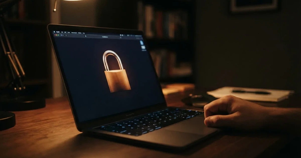 A padlock icon glowing on a laptop screen in a dim room.