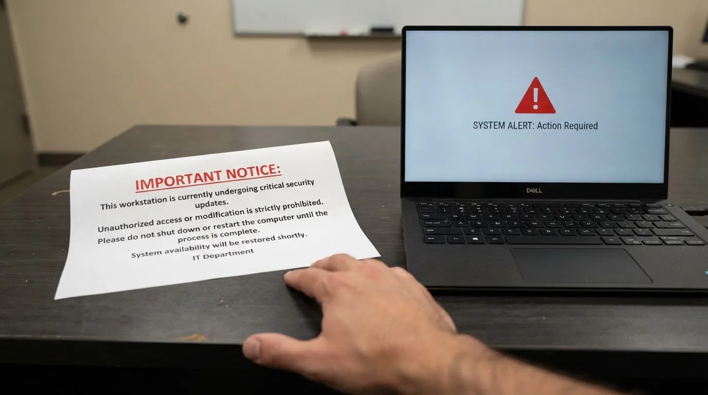 A printed government warning notice on a desk beside a laptop with a red alert icon on the screen.
