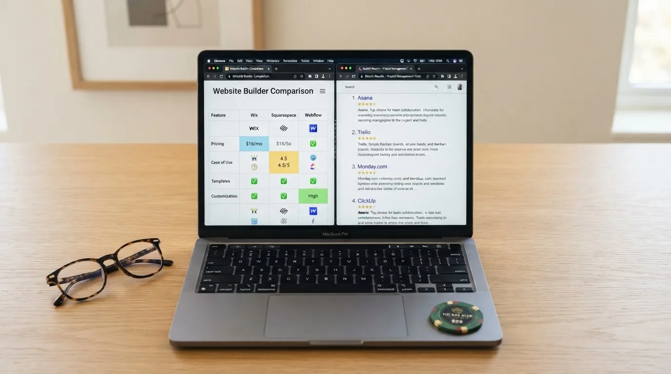 A laptop screen split between two browser tabs, one showing a comparison table and the other a search results page.