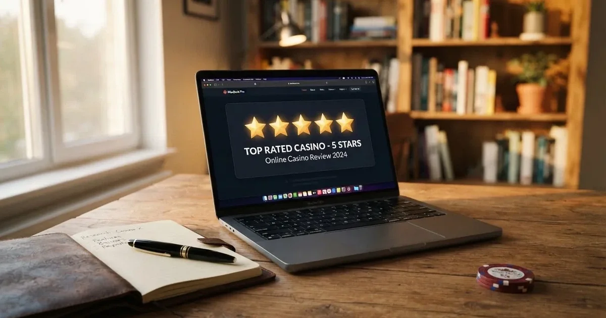 A five-star rating graphic displayed on a laptop screen next to a notepad.