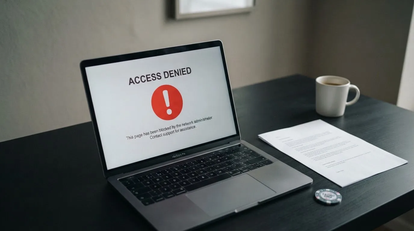 A printed government warning notice on a desk beside a laptop with a red alert icon on the screen.