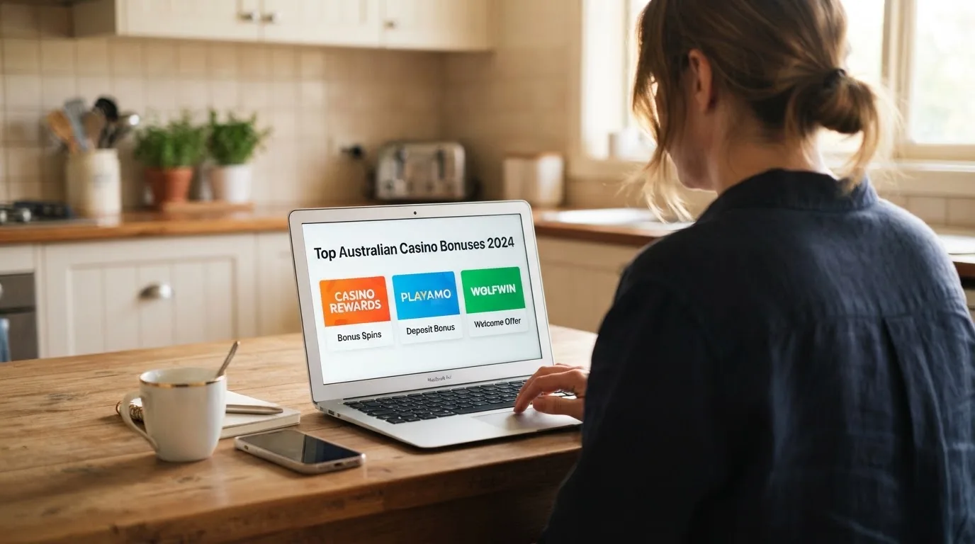 A person sits at a kitchen table, scrolling a laptop showing a general search results page about casino bonus offers.
