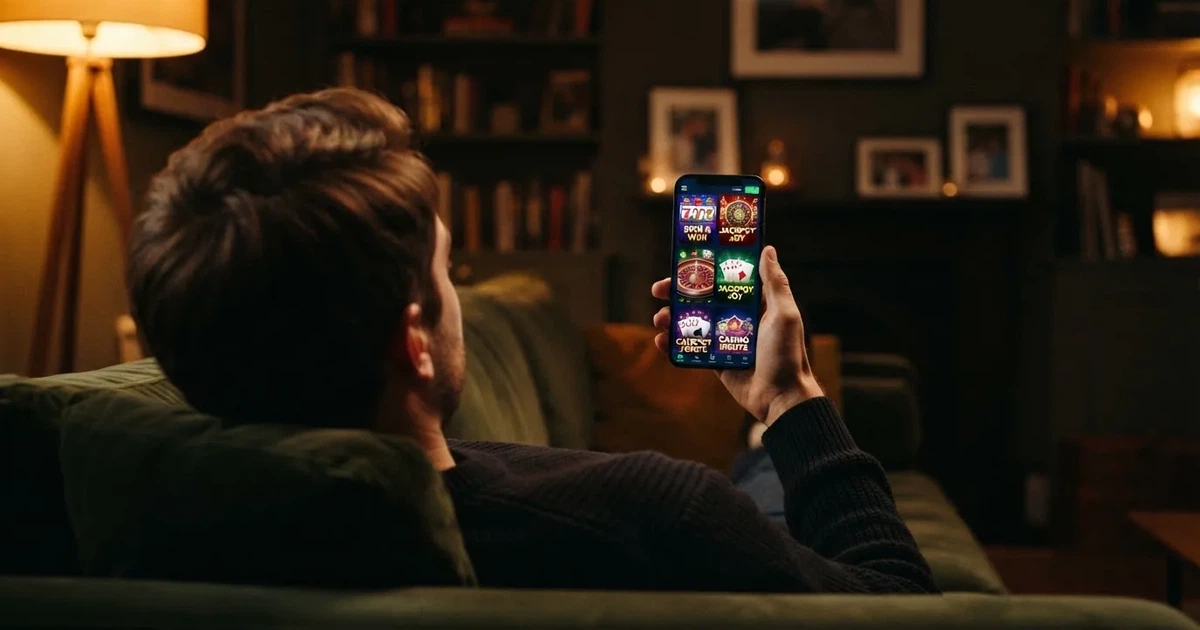 A phone screen shows a list of promotional bonus tiles as someone scrolls with one thumb on a couch in the evening.