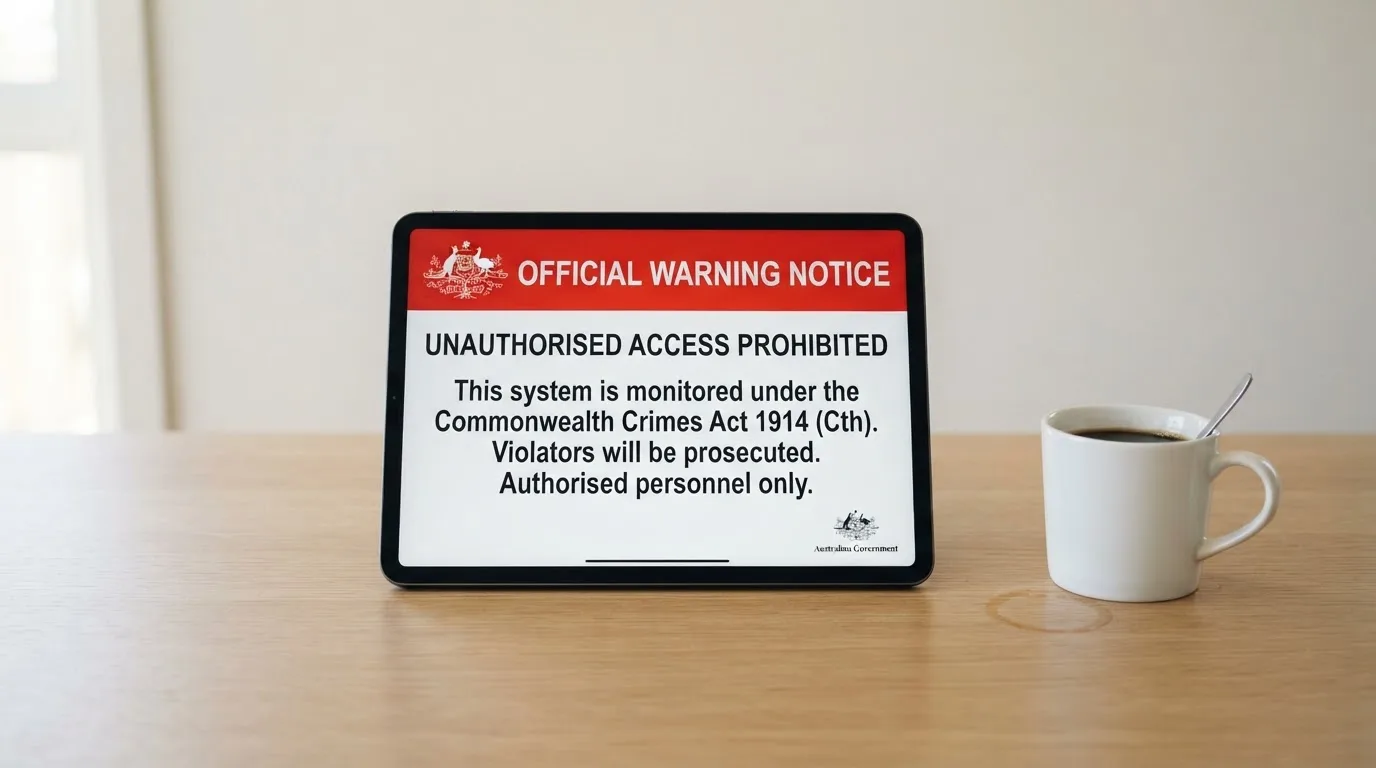 A tablet on a desk displays a plain government-style warning notice page, with a coffee cup beside it.