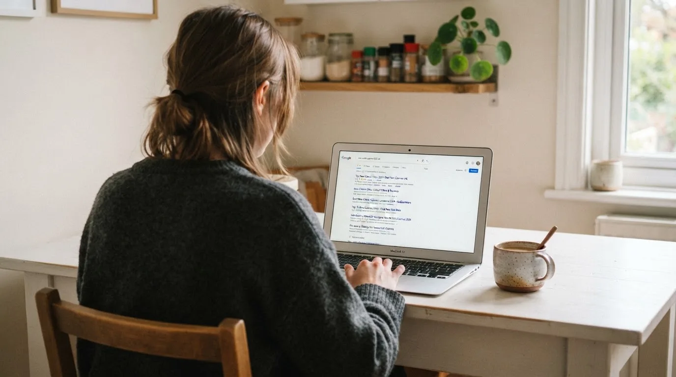 A person sits at a kitchen table, scrolling a laptop showing a general search results page about new casino sites.
