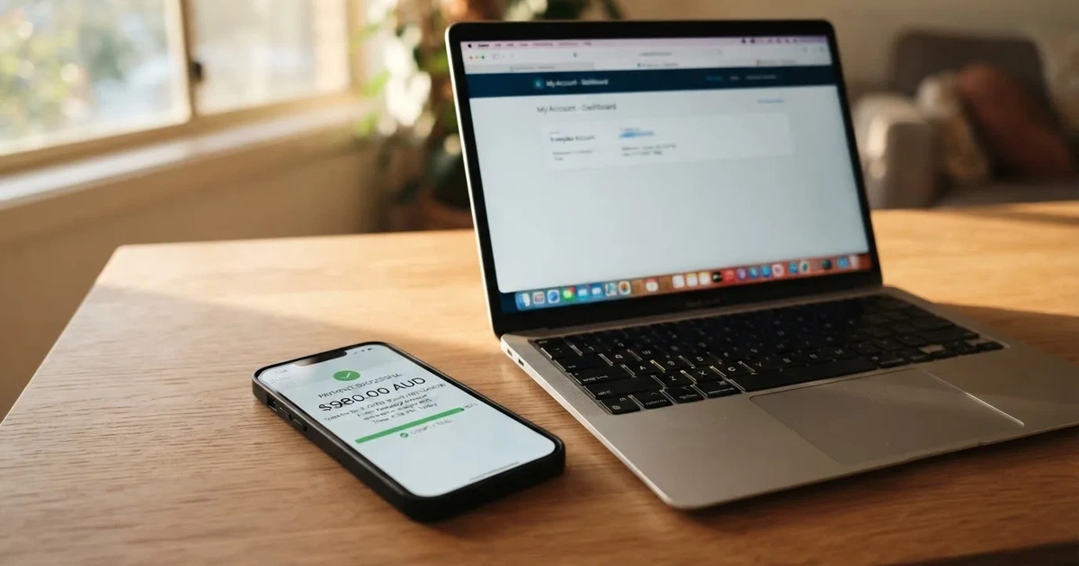 Close-up of a smartphone banking app open beside a laptop on a home desk, mid-transfer.