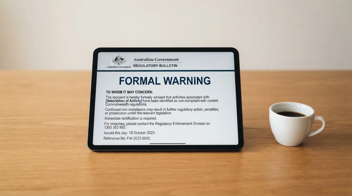 A tablet on a desk displays a plain government-style warning notice page, with a coffee cup beside it.