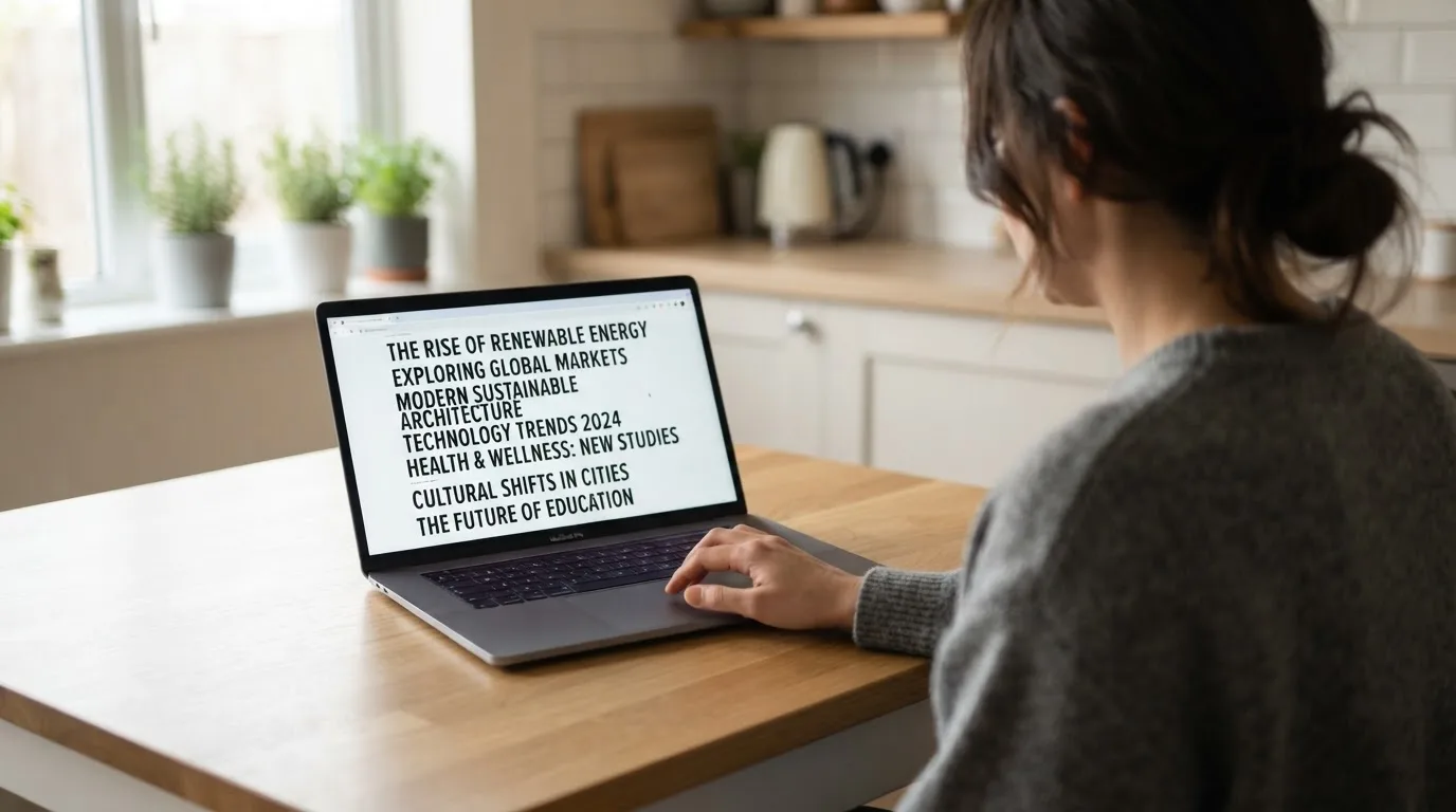 A person sits at a kitchen table, scrolling a laptop showing a general search results page about new casino sites.