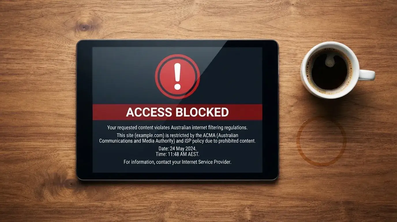 A tablet on a desk displays a plain government-style warning notice page, with a coffee cup beside it.