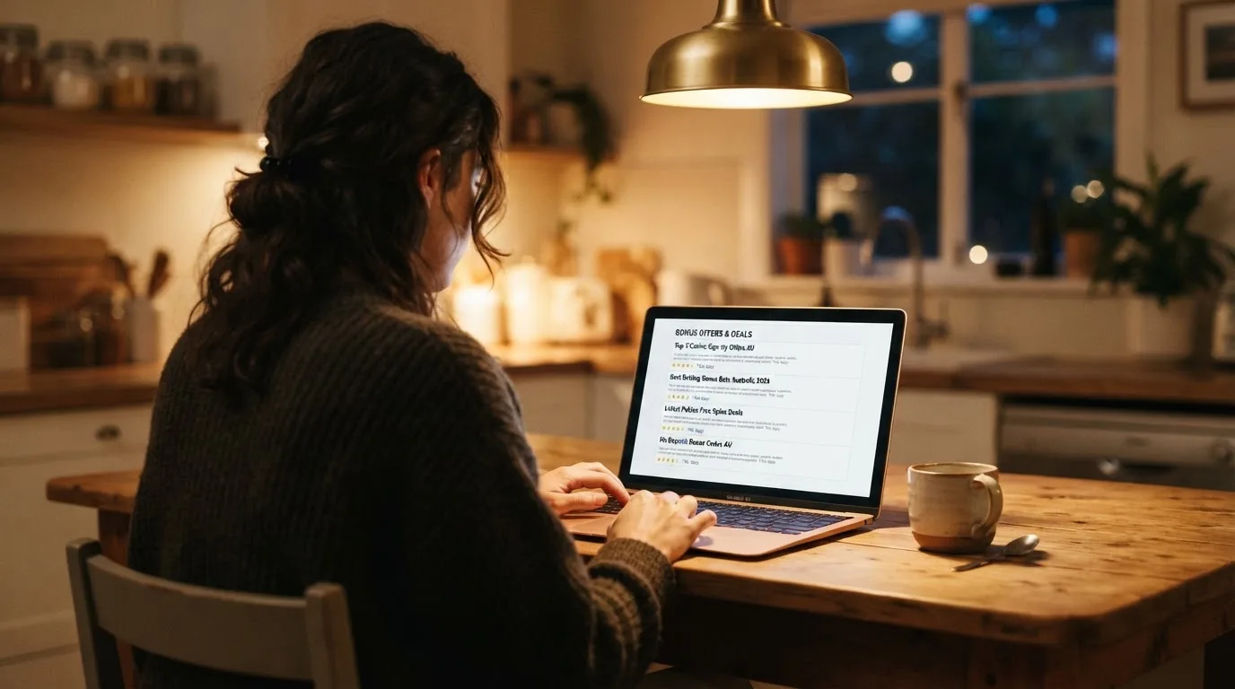 A person sits at a kitchen table in the evening, scrolling a laptop showing a general search results page about bonus offers.