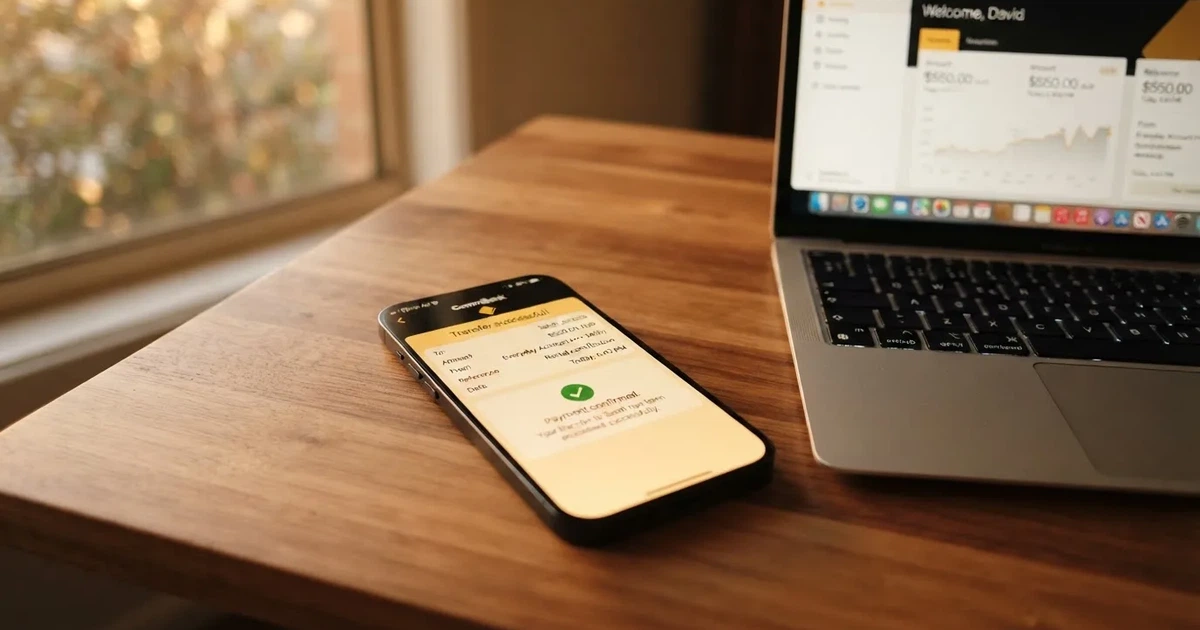 Close-up of a smartphone banking app open beside a laptop on a home desk, mid-transfer.