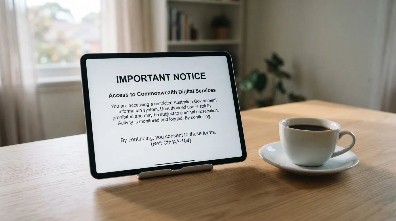 A tablet on a desk displays a plain government-style warning notice page, with a coffee cup beside it.