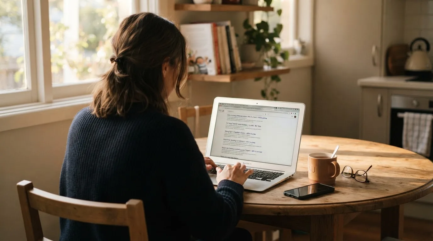 A person sits at a kitchen table, scrolling a laptop showing a general search results page about withdrawal claims.