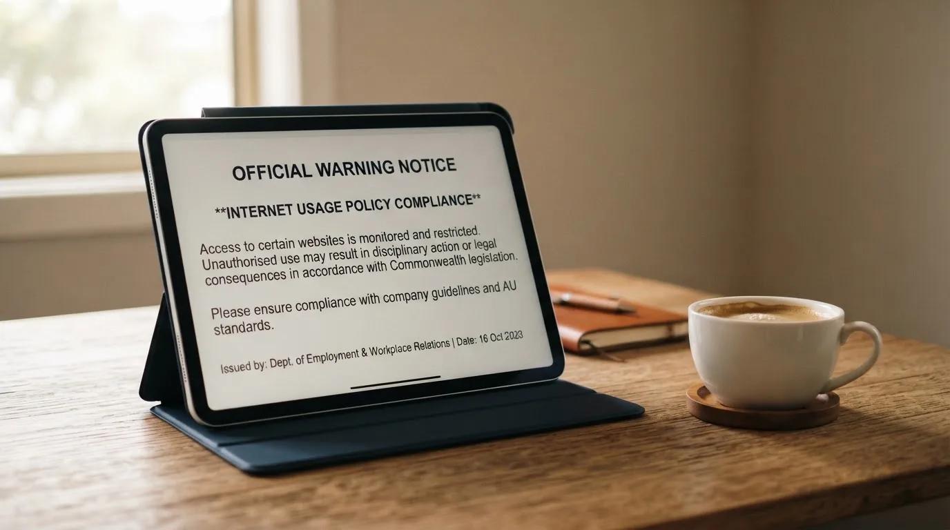 A tablet on a desk displays a plain government-style warning notice page, with a coffee cup beside it.